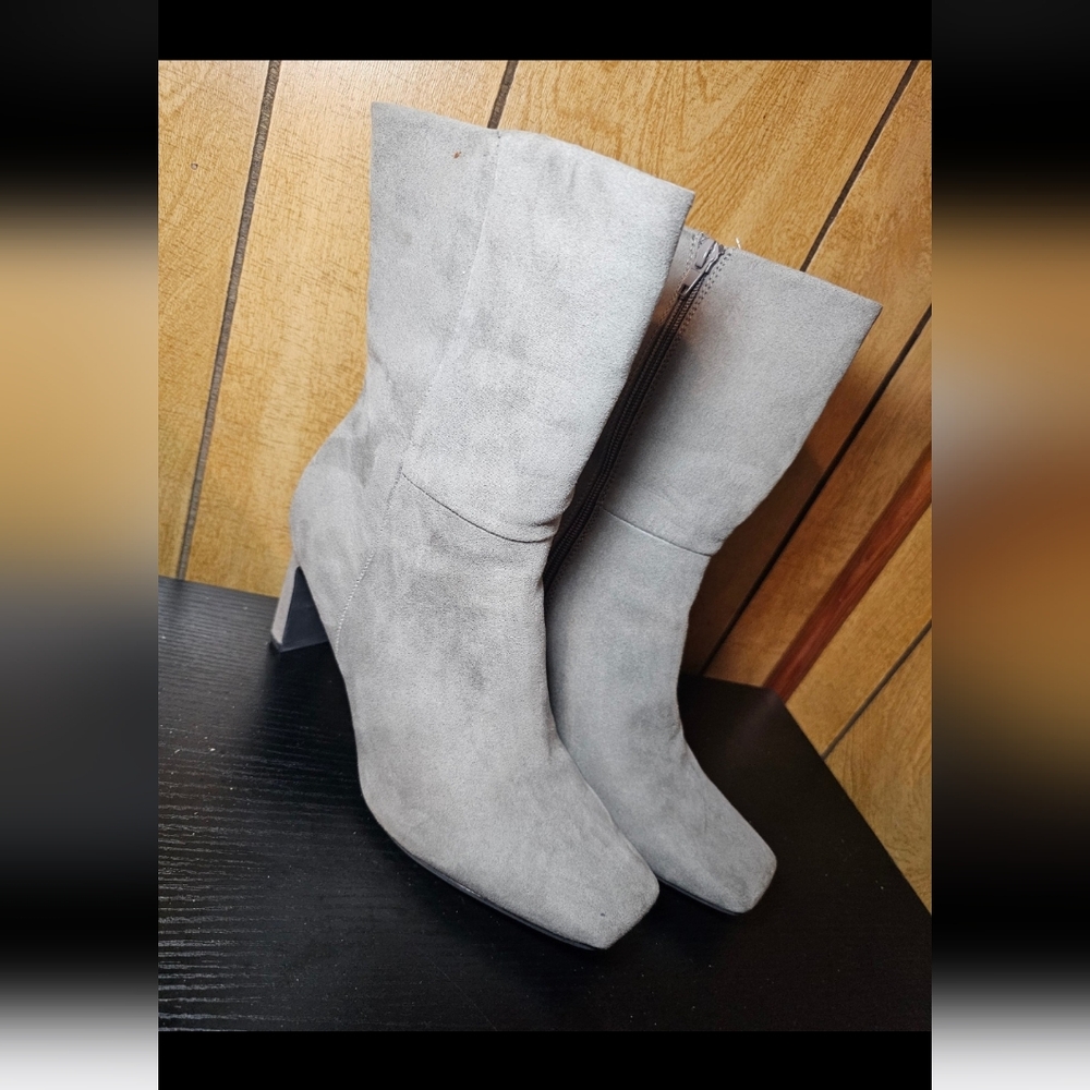 Lilliana Ankle Booties Gray Block Heel Square Toe Side Zip 9 1/2